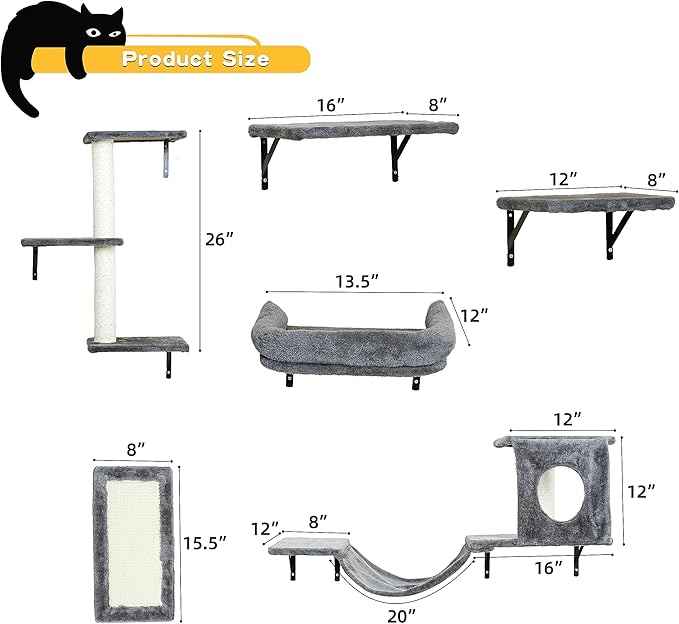 NUNU LAB Wall Mounted Cat Climber Set, 6 Pcs Cat Furniture Set with House, Bridge, Steps, Scratcher Board and Hammock, Shelves for Indoor, Luxury Walls Furniture(Dark)
