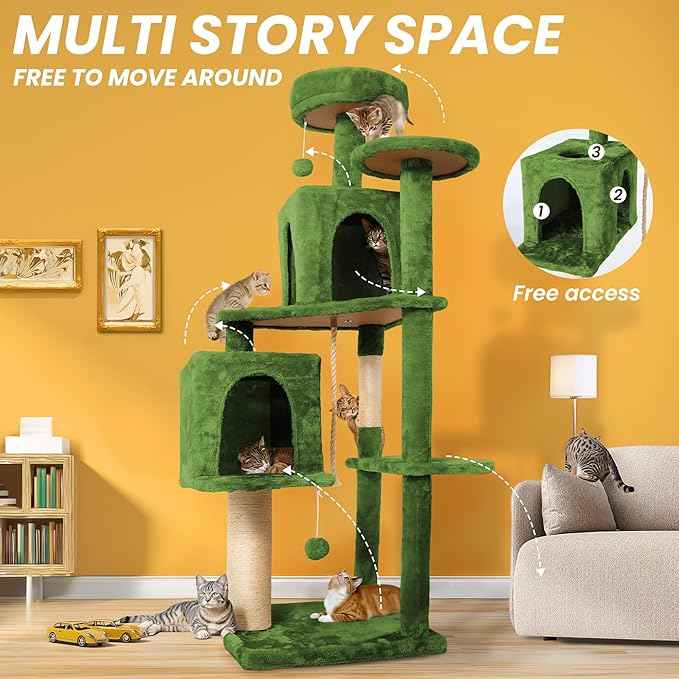 58in Large Cat Tree Tower for Indoor Cats with Soft Plush Hang Ball, Two Condos, Sisal Scratch Posts & Rope Play for Kittens/Adult Cats, Green
