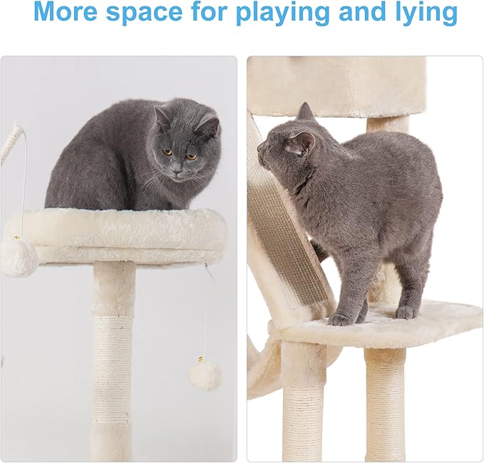 Hey-brother Cat Tree, 61 inch Cat Tower for Indoor Cats, Cat House with Padded Platform Bed, Toy Balls, Large Cozy Condo, Hammocks and Sisal Scratching Posts, Beige 0MPJ019M