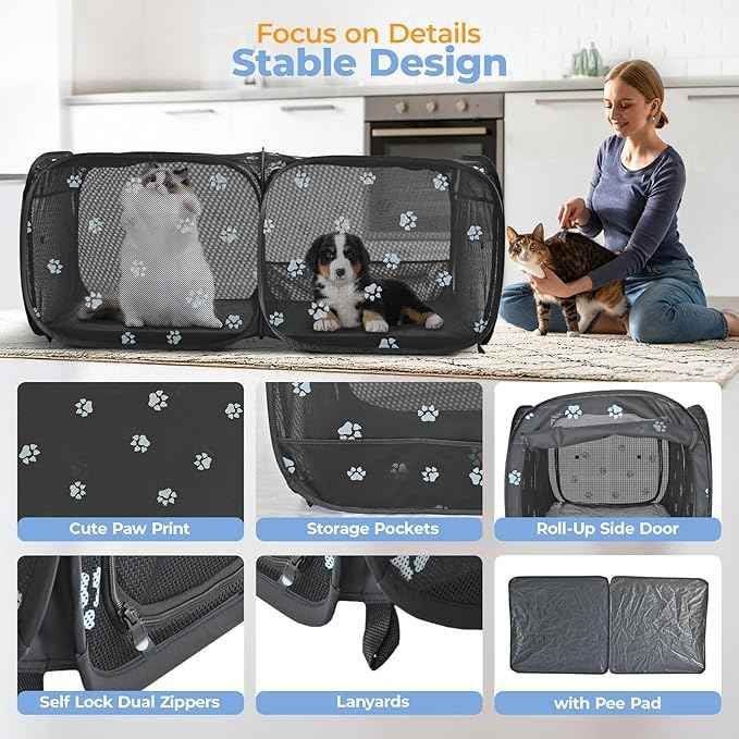 2-in-1 Dog Playpen 58''Pop Up Cat Pet Playpen, Assembly-Free Indoor Outdoor Kitten Enclosure, Breathable Cat Cage Portable Puppy Tent Crates,Spacious Kennel for Small Animals, No Confinement Feel(M)