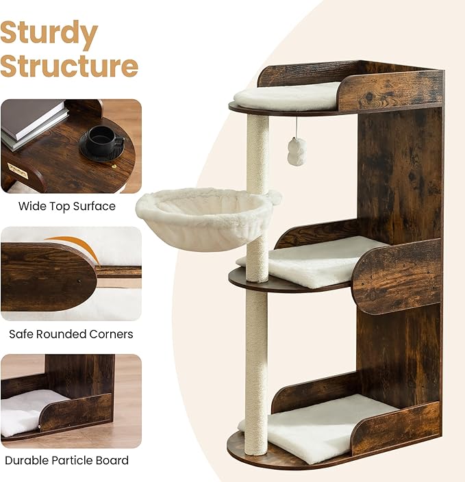 Modern Wood Cat Tree Tower for Indoor Large Cats, Cat Scratching Posts with Big Perch Bed, 44.8" Tall Multi-Level Wooden Cat Condo with Hammock, Removable Pads, Kitty Furniture, Rustic Brown