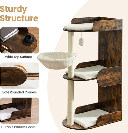 Modern Wood Cat Tree Tower for Indoor Large Cats, Cat Scratching Posts with Big Perch Bed, 44.8" Tall Multi-Level Wooden Cat Condo with Hammock, Removable Pads, Kitty Furniture, Rustic Brown