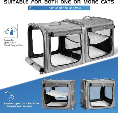 Suertree Cat Carrier for 2 Cats, Pet Travel Carrier for Cats and Small Dogs Up to 45 Lbs, Bowls, and Locking Zippers