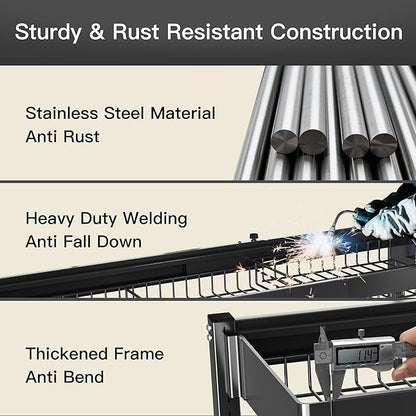 3 Tier Extra Large Stainless Steel Expandable Over The Sink Dish Drainer Drying Rack, Rust Proof Metal, Space Saving, Modern Black Big Capacity Extendable Plate Strainers Above Kitchen Counter