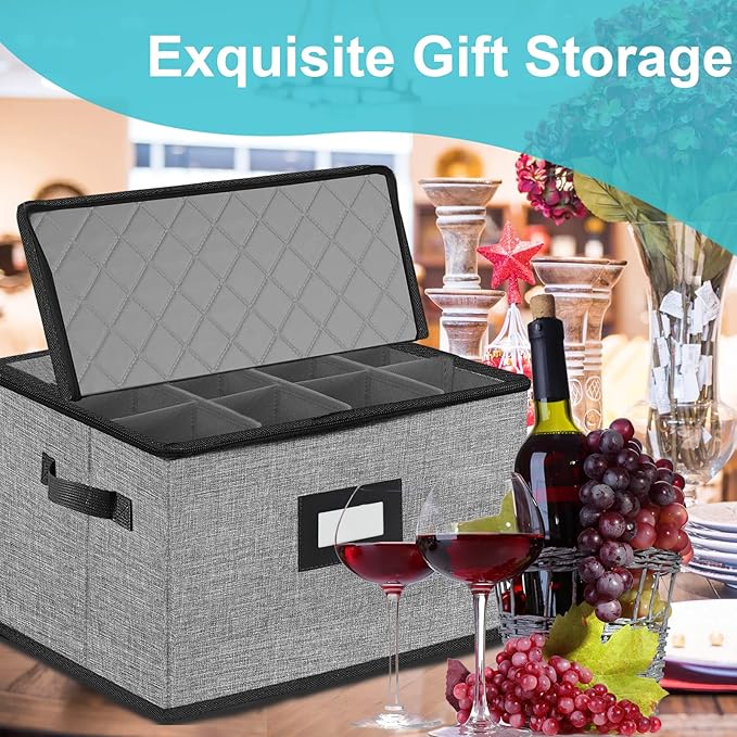 2PACK Quilted Wine Glass Storage Box,China Storage Containers hard shell,Moving Boxes,Storage Containers for Organizing,Stackable Stemware Storage Cases,Moving Supplies