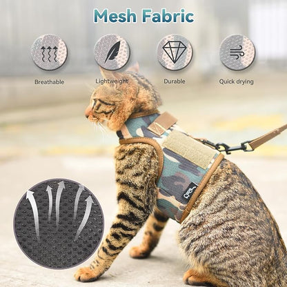 Tactical Kitty Harness and Leash for Walking Escape Proof Breathable Mesh Fabric, Green Jungle Camo, X-Small, Adjustable Cat Walking Jackets, Padded Stylish Cat Vest