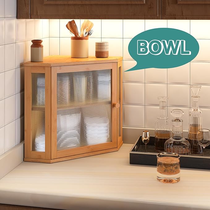 Corner Bread Box for Kitchen Counter, Bamboo Wood Large Capacity Bread Storage Bin with Acrylic Wavy Door Panel (Natural, Meduim)