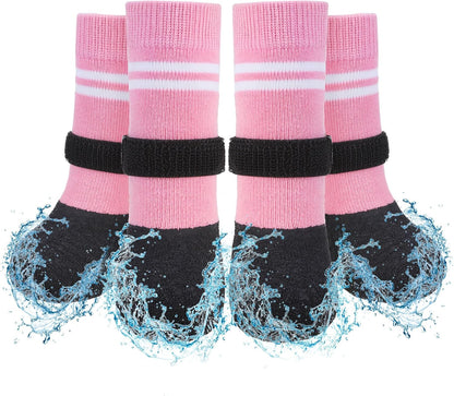 SCENEREAL Anti Slip Dog Boots & Paw Protectors for Hardwood Floor, Extended Dog Socks to Prevent Licking Paws, Waterproof Pet Snow Rain Shoe for Winter Large Senior Dogs, Pink L
