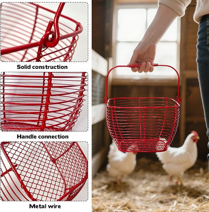 2 PCS Wire Egg Baskets for Gathering Fresh Eggs with Handle 7 Inch Red Square Metal Chicken Duck Eggs Collecting Countertop Basket Egg Holder Farmhouse Fruit Storage Container