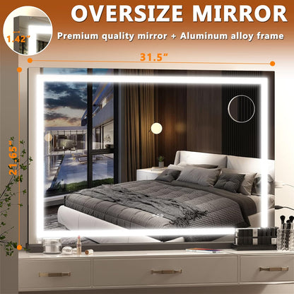 Hasipu Vanity Mirror with Lights, 32" x 22" LED Makeup Mirror, Lighted Makeup Mirror with Dimmable 3 Modes, Touch Screen Control Vanity Mirror Square Black