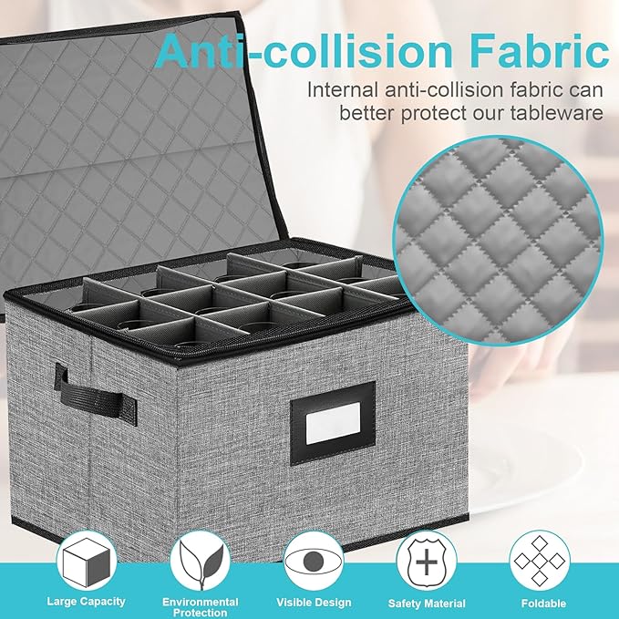 2PACK Quilted Wine Glass Storage Box,China Storage Containers hard shell,Moving Boxes,Storage Containers for Organizing,Stackable Stemware Storage Cases,Moving Supplies