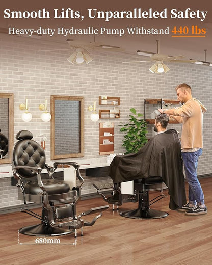 Baasha Classic All-Black Barber Chair, Retro Reclining Salon Chair with Thick Padding & Adjustable Headrest, Heavy-Duty Construction, Tattoo & Hair Chair