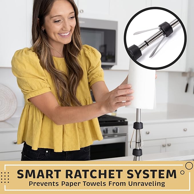 Dear Household Stainless Steel Paper Towel Holder Easy One-Handed Operation - This Sturdy Weighted Paper Towel Dispenser Countertop Model Has Suction Cups and Holds All Paper Towel Rolls - Silver