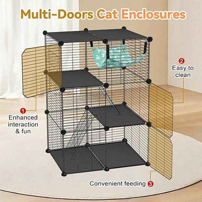 Cat Cage, 3-Tier DIY Catio Cat Enclosures, 24" x 16" x 36" Cat Playpen Indoor & Outdoor with Hammock, Detachable Metal Wire Kennel Cats Crate, 2x1x3 Exercise Place for 1-2 Kitten
