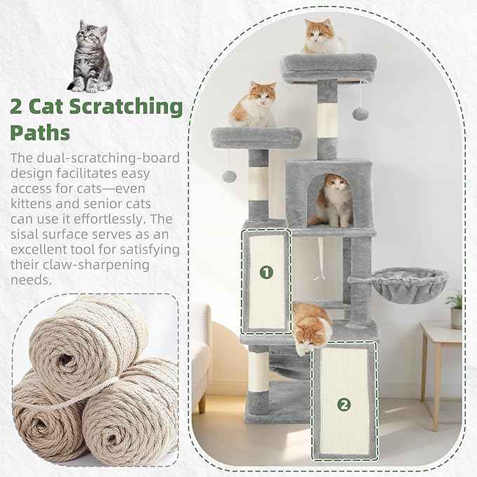 Multi-Level Cat Tree for Indoor Cats, Cat Tower with 2 Scratching Boards, 2 Plush Padding Platforms, Cat Condo House with Hammock, Basket, Light Gray GCT022W