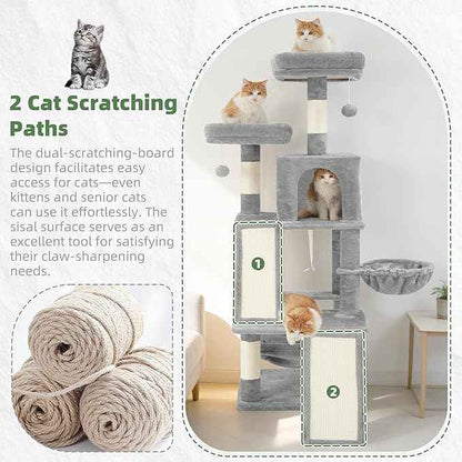 Multi-Level Cat Tree for Indoor Cats, Cat Tower with 2 Scratching Boards, 2 Plush Padding Platforms, Cat Condo House with Hammock, Basket, Light Gray GCT022W