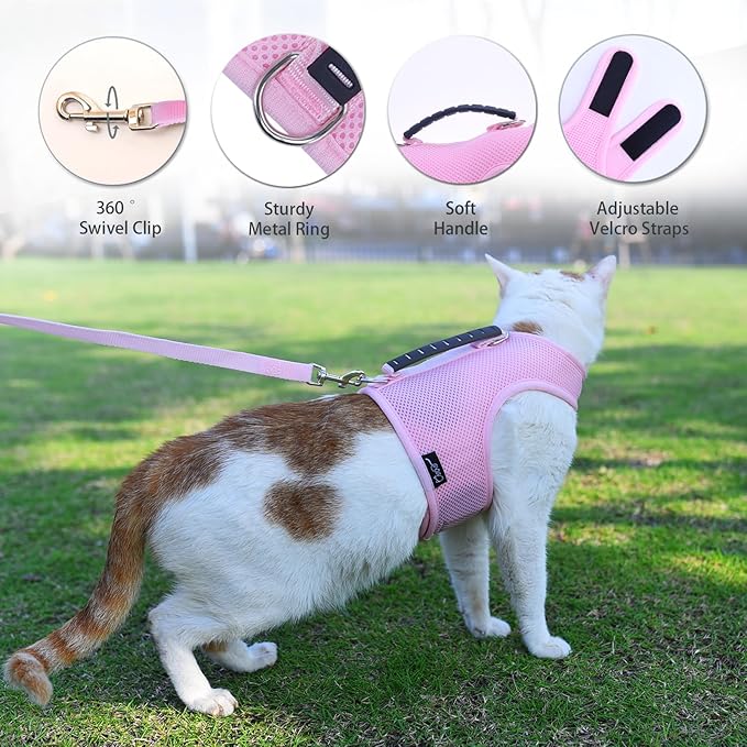 Cat Harness and Leash for Walking Escape Proof Breathable Mesh Fabric, Solid Pink, Extra Large, Adjustable Cat Walking Jackets with Handle, Padded Stylish Cat Vest