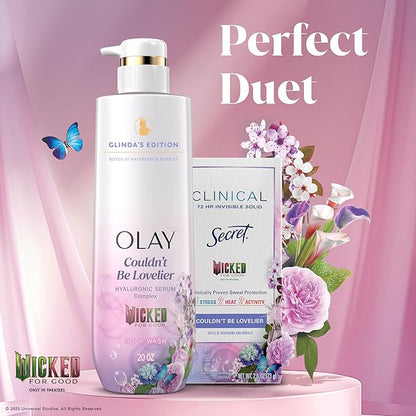 Olay Body Wash for Women, Couldn't Be Lovelier Glinda's Edition, Intensely Hydrating & Renewing, Pro-Hyaluronic Acid Serum with Vitamin B3, For All Skin Types, Raspberry & Bubbles Scent, 20 fl oz