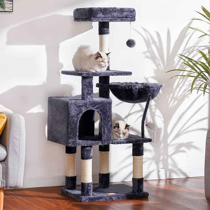 Heybly Cat Tree with Toy, Cat Tower Condo for Indoor Cats, Cat House with Padded Plush Perch, Cozy Hammock and Sisal Scratching Posts, Smoky Gray HCT004G