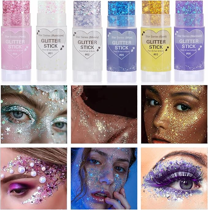 Silver Hair Glitter Stick, Chunky Sequins Body Face Glitter for Kids,Rave Music Festival Singer Concert Outfits for Women,Waterproof Halloween Shimmer Accessories for Parties & Events