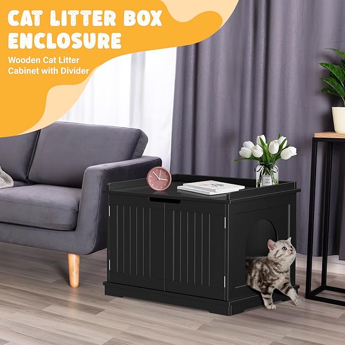 Zeny Cat Litter Box Enclosure, Wooden Cabinet with Divider, Modern Storage Bench, Fit Most Litter Box (Black)