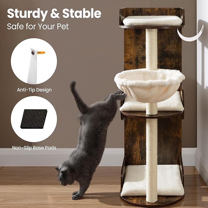 Modern Wood Cat Tree Tower for Indoor Large Cats, Cat Scratching Posts with Big Perch Bed, 44.8" Tall Multi-Level Wooden Cat Condo with Hammock, Removable Pads, Kitty Furniture, Rustic Brown