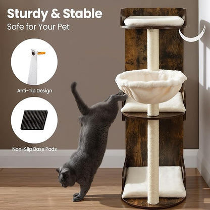Modern Wood Cat Tree Tower for Indoor Large Cats, Cat Scratching Posts with Big Perch Bed, 44.8" Tall Multi-Level Wooden Cat Condo with Hammock, Removable Pads, Kitty Furniture, Rustic Brown