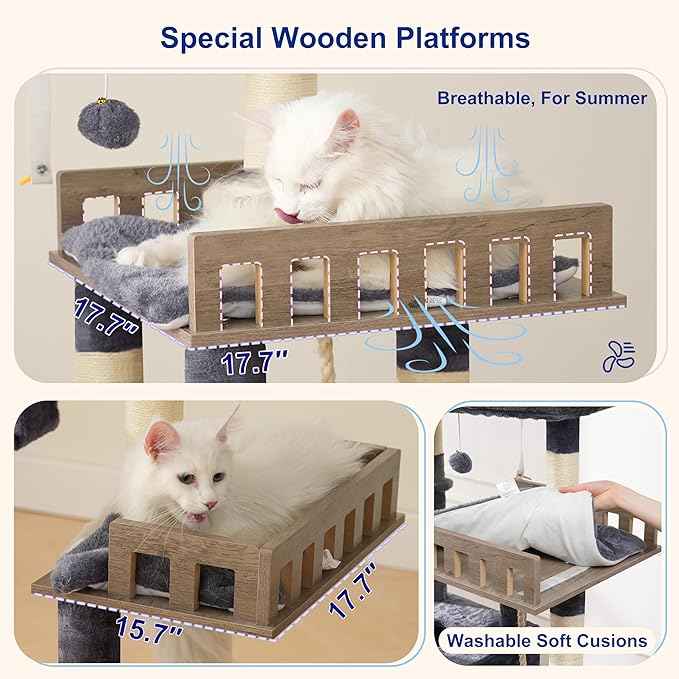 Maine Coon Cat Tree, Heavy Duty Cat Tree for Indoor Cats Large Adult, Cat Tower for Large Cats 20 lbs+ with Hammock, 2 Big Perches, 2 Cat Condos, 15 Scratching Posts, Smoky Gray GCT033G