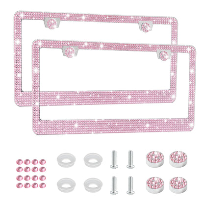 Amiss Bling License Plate Frame for Women, 2Pack Rhinestone Handcrafted Crystal Premium Stainless Steel, Stainless Steel Car Accessories with Diamond Sparkle Glitter Caps (Pink)
