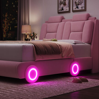 Queen Led Car Bed Frame with Wheels Decor & Adjustable Curved Headboard Modern Upholstered Platform Bed with Detachable Pillows Solid Wooden Slats Support No Box Spring Needed, Velvet Pink
