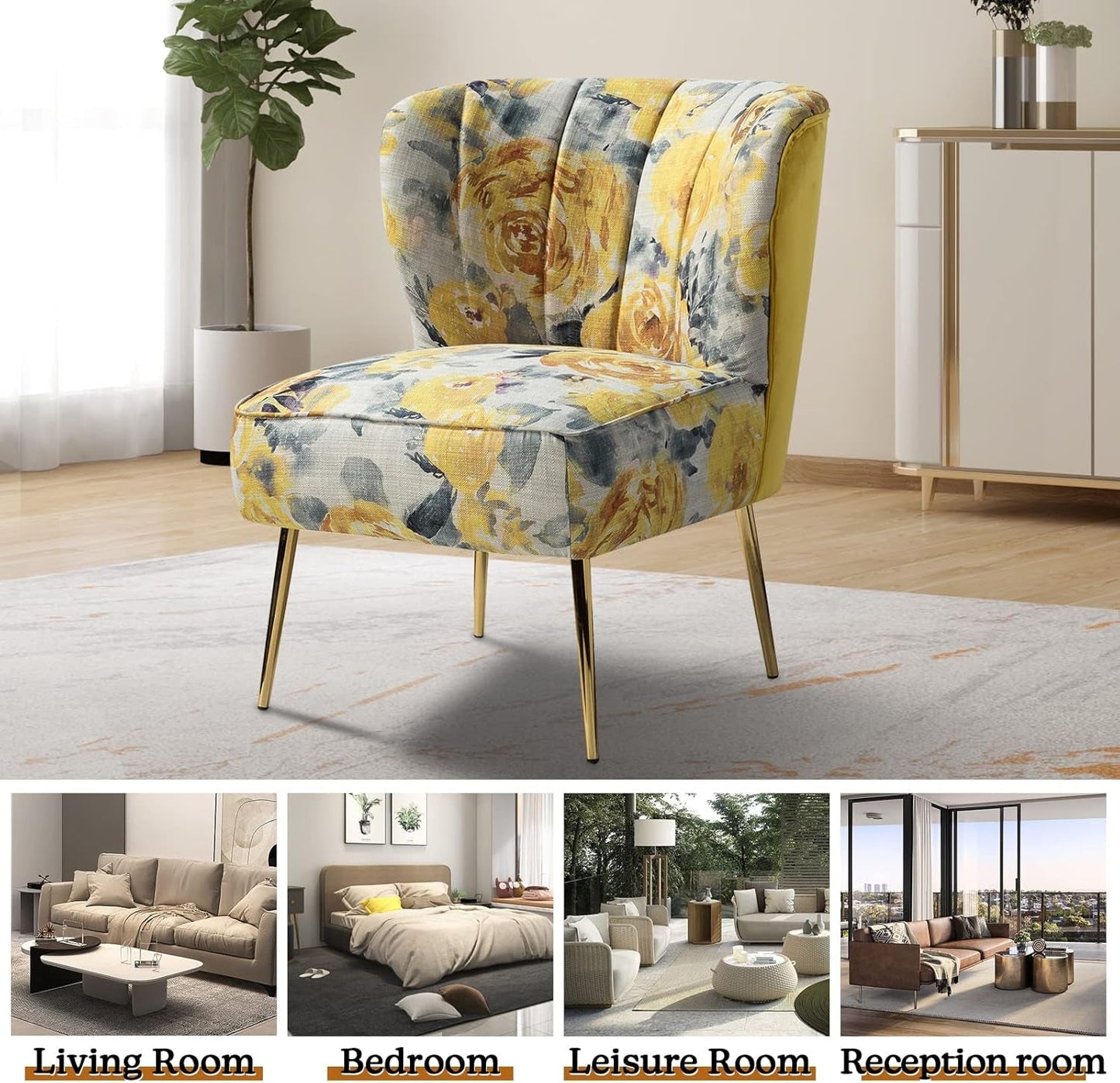 Accent Chair Set of 2 with Golden Legs, Comfy Floral Fabric Living Room Chair, Wingback Small Armless Side Chair, Upholstered Slipper Chair for Bedroom, Reading Room (Flower Print, YELLOW)