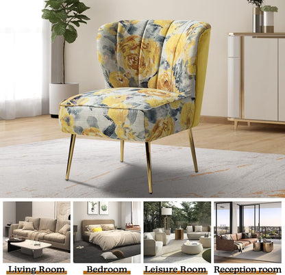 Accent Chair Set of 2 with Golden Legs, Comfy Floral Fabric Living Room Chair, Wingback Small Armless Side Chair, Upholstered Slipper Chair for Bedroom, Reading Room (Flower Print, YELLOW)