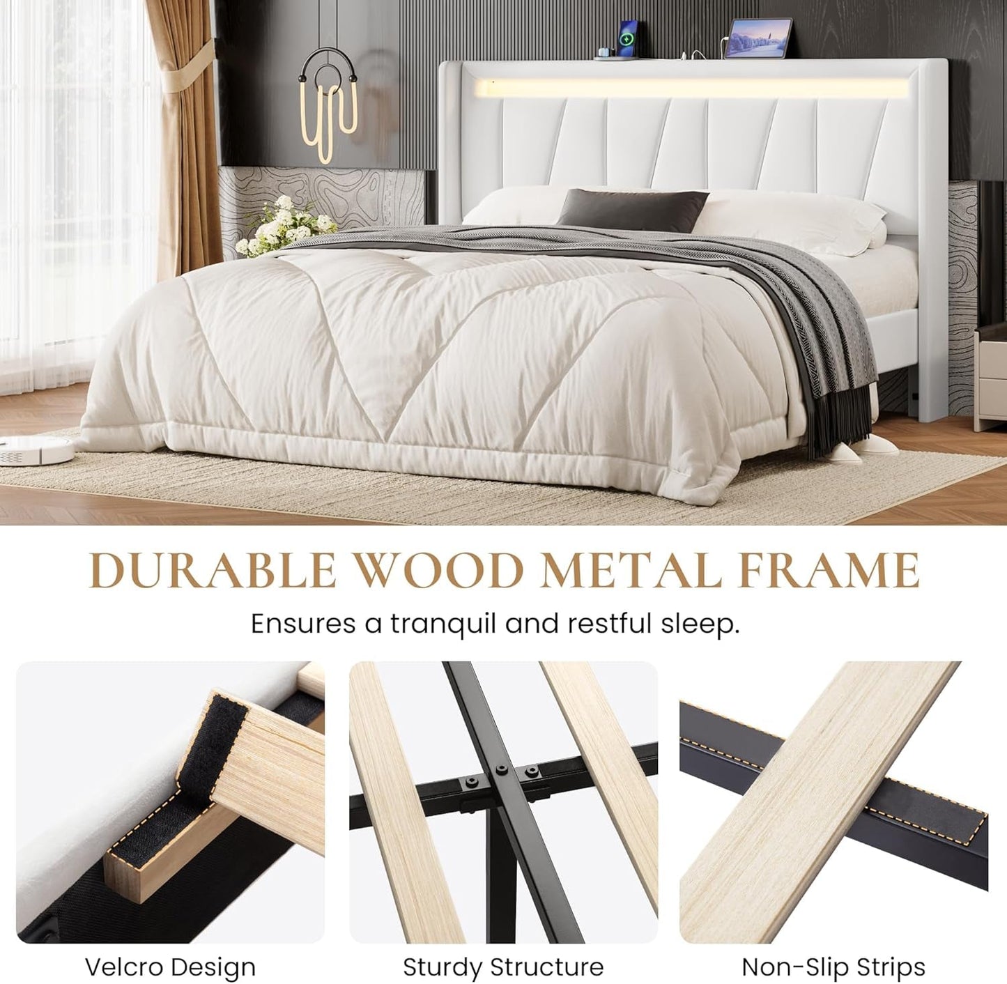 Full Size Bed Frame with Charging Station and LED Lights, Modern Velvet Platform Bed with Upholstered Geometric Wingback Headboard, No Box Spring Needed, Easy Assembly, White