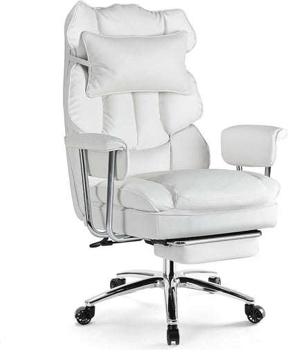 Executive Home Office Desk Chair - Ergonomic Big Tall High Back with Footrest & Lumbar Support, Reclining Height Adjustable, Comfy PU Leather Computer Gaming with Swivel Wheels, White