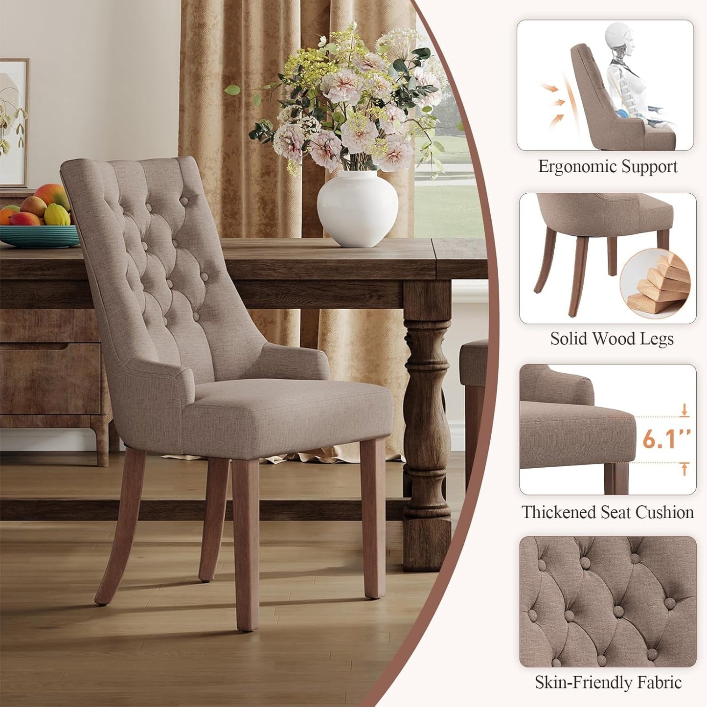 Wingback Upholstered Side Dining Room Chairs Set of 2, Fabric Dining Chairs with Tufted Button, Living Room Chairs for Home Kitchen, Taupe