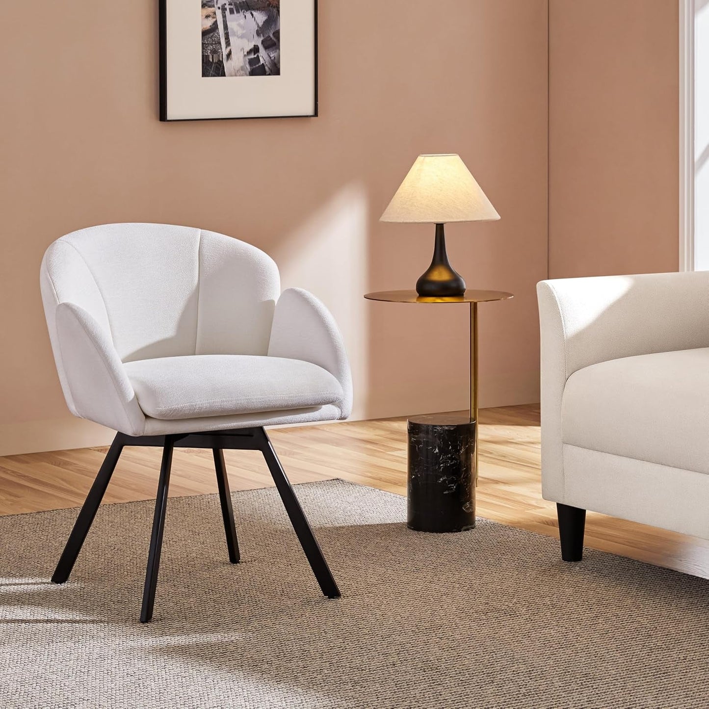Swivel Accent Chair, Flower Chenille Armchair, Vanity Chair Side Chair with 360-Degree Swivel Base and Seat Cushion for Living Room/Bedroom/Home Office/Makeup, White