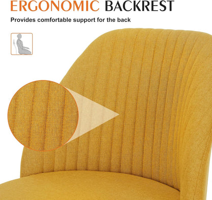 Armless Vanity Chair, Cute Comfy Home Office Desk Chair with Wheels, Modern Upholstered Task Computer Seat for Bedroom, Study, Makeup Vanity, Height Adjustable & Swivel, Yellow