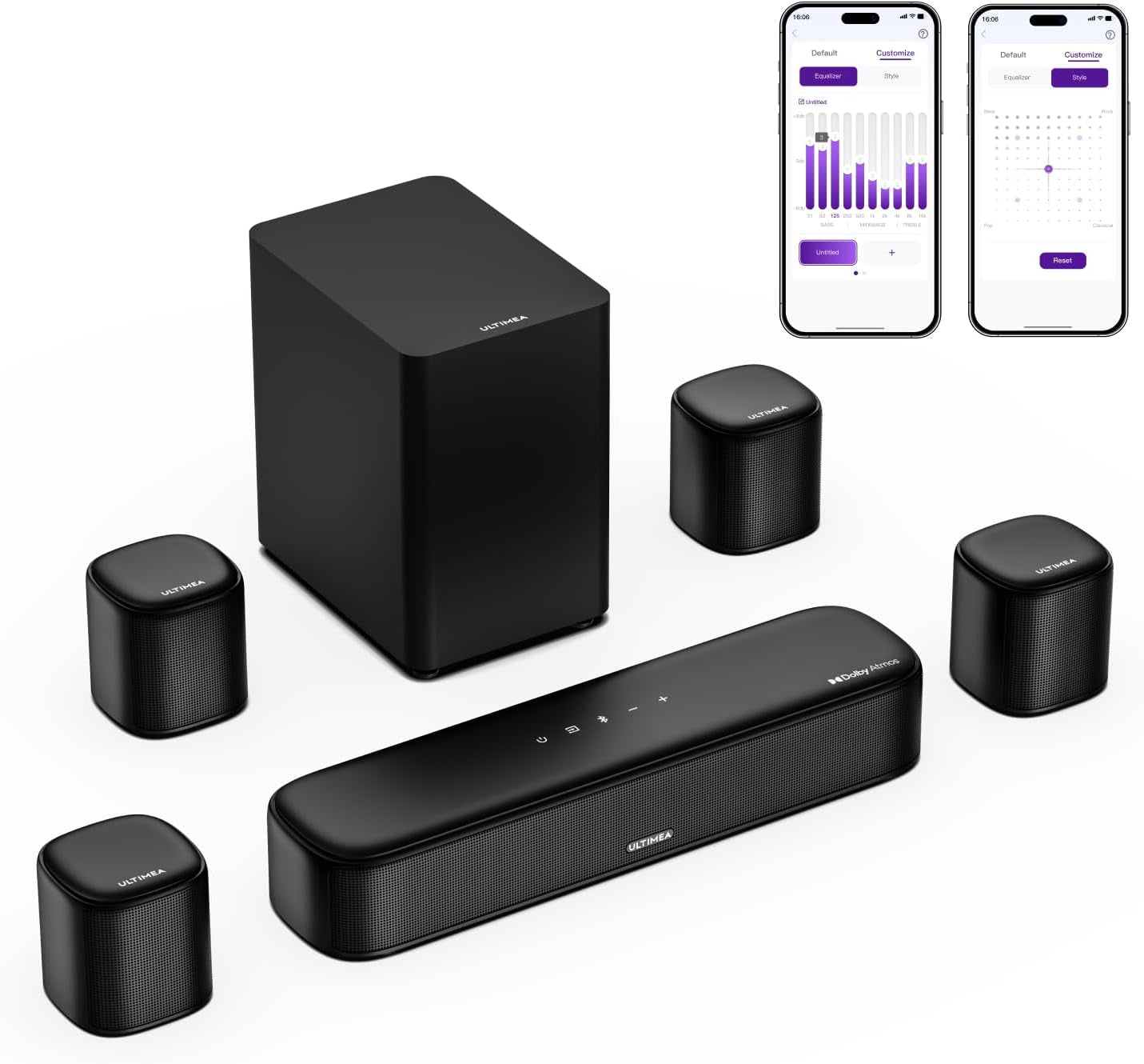 7.1Ch Sound Bar with Dolby Atmos, Surround Sound System for TV with 4 Surround Speakers, Sound Bar for Smart TV with App Control, Soundbar with Subwoofer for Home Theater, HDMI Earc, Aura A60