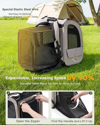 Pecute Cat Backpack Carrier XL, ExpandablePet Backpack for Cats & Small Dogs Up to 15lbs, with 4-Side Breathable Mesh, Multi-Entry & Lockable Zippers for Travel, Hiking, Camping - Hands Free, Khaki