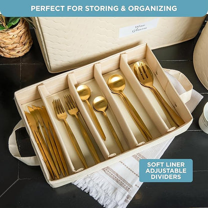 Hard Shell China Storage Containers 8-Piece Set Moving Boxes for Dinnerware, Glasses, Plates, Mugs and Saucers Sturdy Dish Organizer with Dividers for Seasonal Storage - Service for 12 - Beige Quilted
