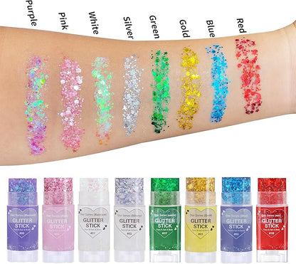 Rainbow White Hair Glitter Stick,Mermaid Fairy Costume Body Face Glitter, Singer Concert Halloween Star Glitter Makeup for Kids and Women,Waterproof Sequins Rave Accessories White Face Paint