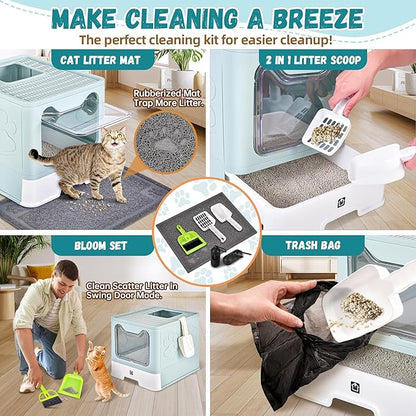 Enclosed Cat Litter Box with Lid Foldable Potty,Drawer Type Extra Large Cover Litter Box with Mat, Kitty Free in and Out/One-Way,Odor Control Anti-Splashing Easy Cleaning (Light Blue)