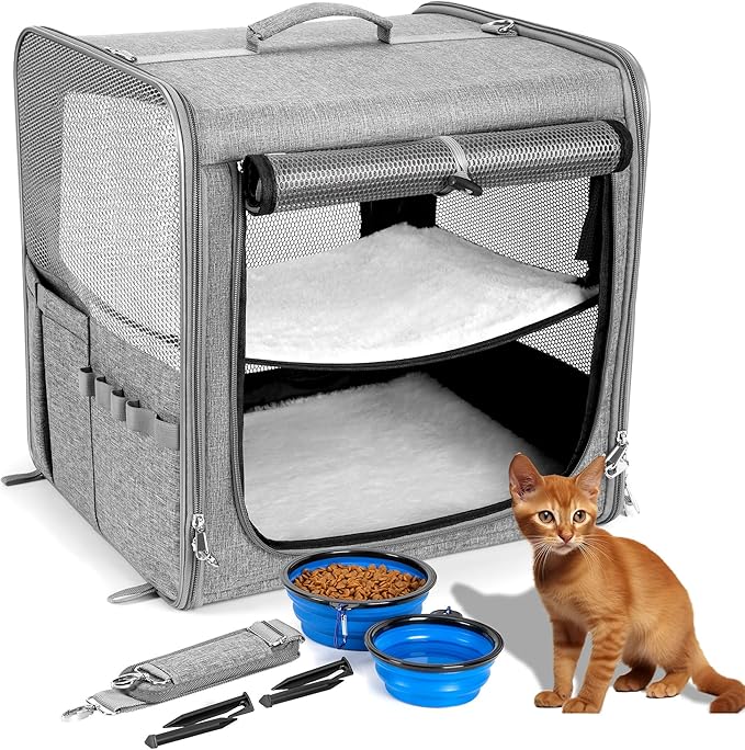 Suertree Cat Carrier for 2 Cats, Pet Travel Carrier for Cats and Small Dogs Up to 45 Lbs, Bowls, and Locking Zippers