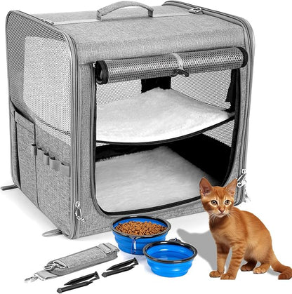 Suertree Cat Carrier for 2 Cats, Pet Travel Carrier for Cats and Small Dogs Up to 45 Lbs, Bowls, and Locking Zippers