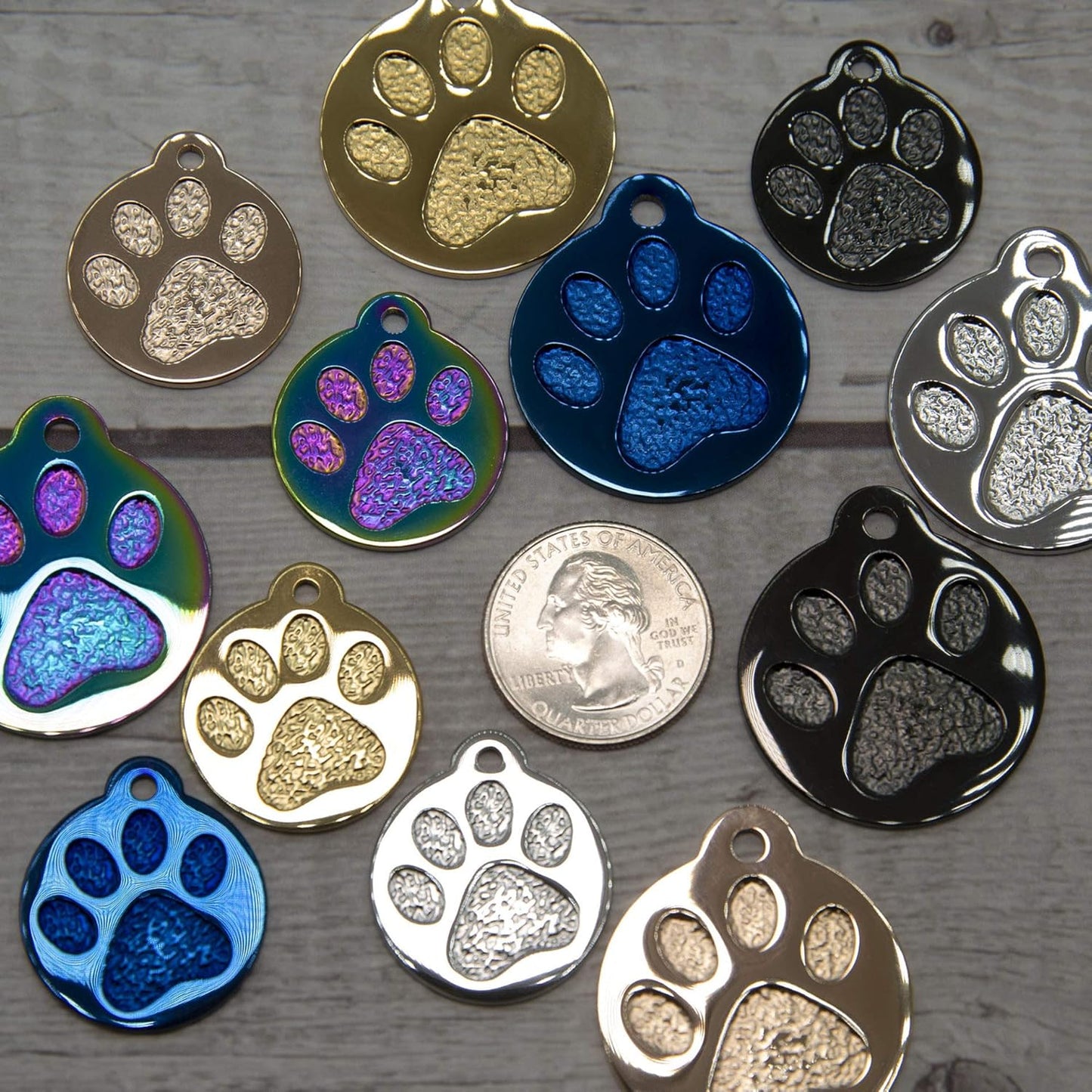 Engraved Pet Tag for Dogs and Cats - Personalized Front & Back up to 4 Lines of Text Custom Engraved ID, Round Paw Print Solid Plating Stainless Steel Black Regular