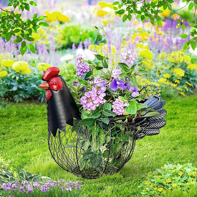 Chicken Egg Basket, Egg Collecting Baskets,Metal Wire Egg Basket with Handle, Farmhouse Chicken Decor, Rustic Black Rooster Chicken Shaped Fruit Bowl Countertop Holder for Home Kitchen Decoration