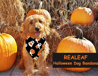 Realeaf Halloween Dog Bandanas 2 Pack, Reversible Orange Pumpkin Pet Scarf for Boy and Girl, Premium Durable Fabric, Holiday Bandana for Small Medium Large and Extra Large Dogs (Large)