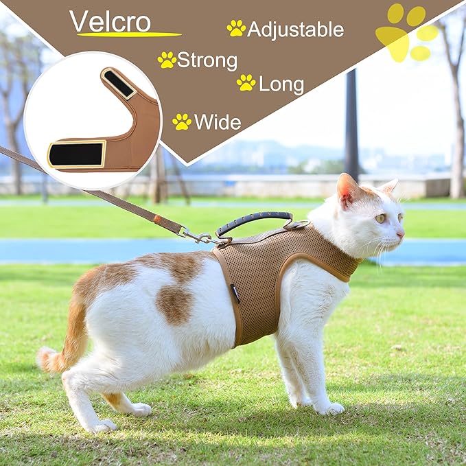 Cat Harness and Leash for Walking Escape Proof Breathable Mesh Fabric, Solid Brown, Medium, Adjustable Cat Walking Jackets with Handle, Padded Stylish Cat Vest