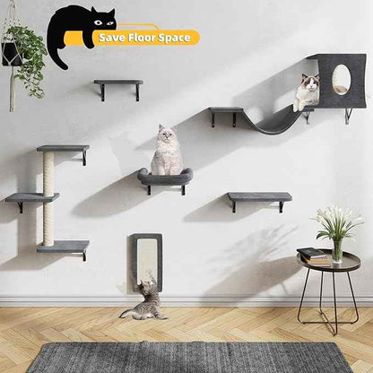 NUNU LAB Wall Mounted Cat Climber Set, 6 Pcs Cat Furniture Set with House, Bridge, Steps, Scratcher Board and Hammock, Shelves for Indoor, Luxury Walls Furniture(Dark)