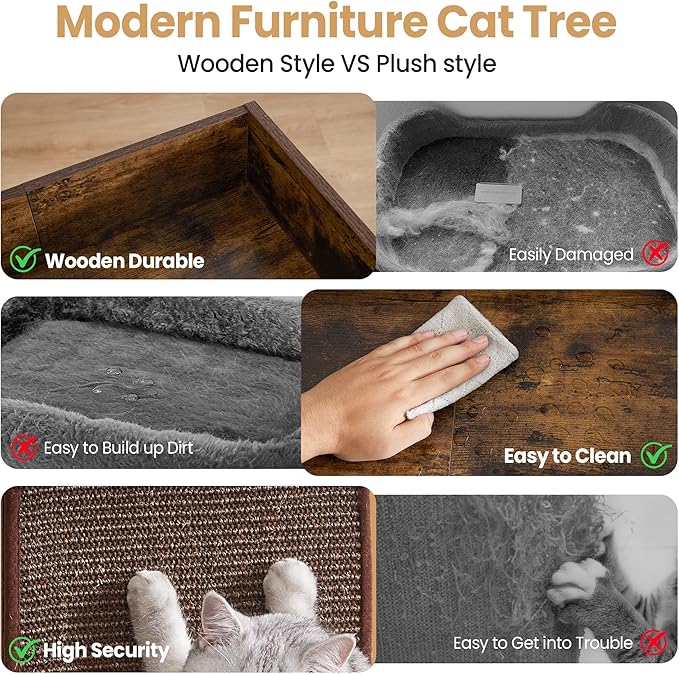 Modern Wood Cat Tree Tower for Indoor Large Cats, 33.8-Inch Tall Wooden Cat Trees with Big Perch Bed, Cat Scratching Pads, Washable Removable Cushions and Scratching Mat, Cat Furniture, Rustic Brown